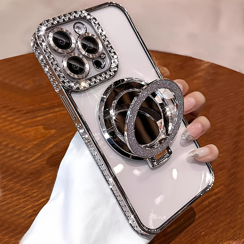New Luxury Premium Flash Double Row Diamond Mirror Magnetic Stand Full Lens Phone Case for Apple iPhone 16 15 Promax 14 Plus 13 Pro 12 11 Pro Max/Niche Transparent Anti-drop Soft Adhesive Protection Back Cover/boyfriend And G